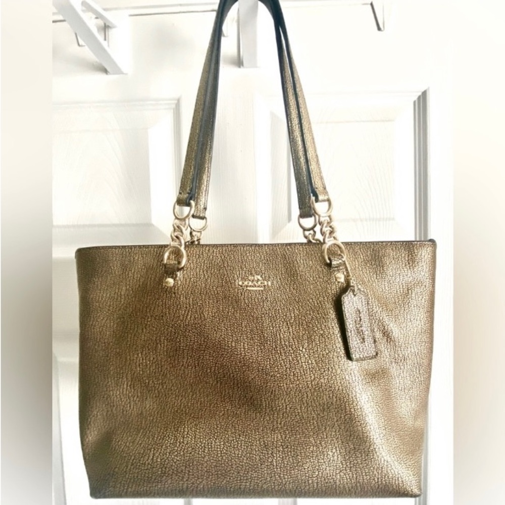 Coach light gold and black pebbled leather purse handbag, used, good condition